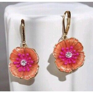 Vintage Signed Napier Enamel Peony Flower Earrings Pink Coral Rhinestone Drops